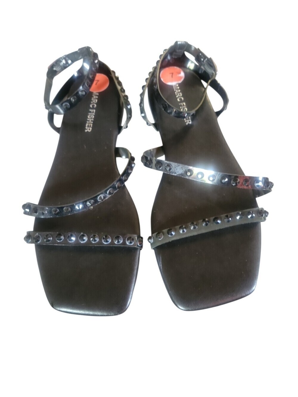Marc Fisher Fonoo Black Studded Multi-Strap Square Toe Embellish Flat Sandals 7 - Picture 1 of 6